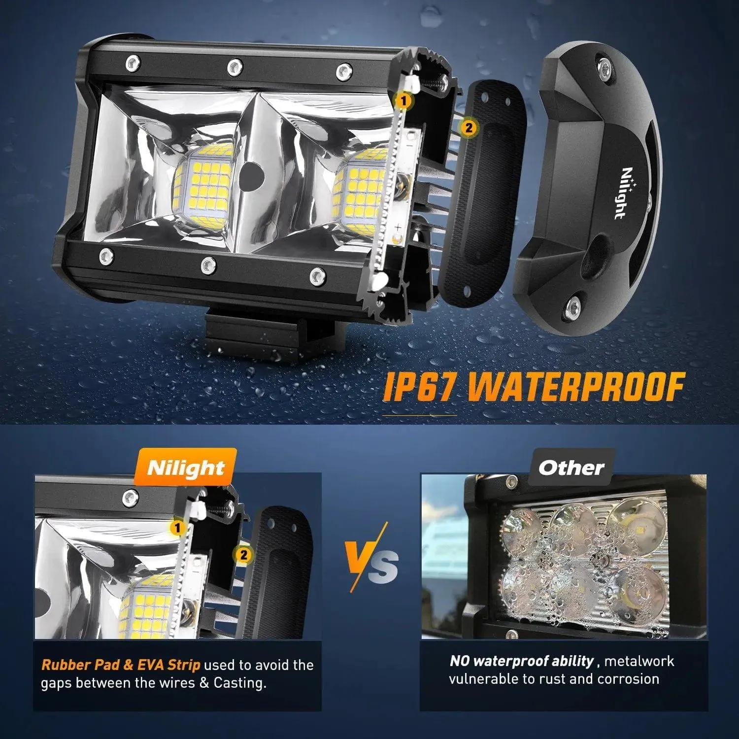 5 Inch 96W 3600LM Quad Row Flood LED Light Bar (Pair)