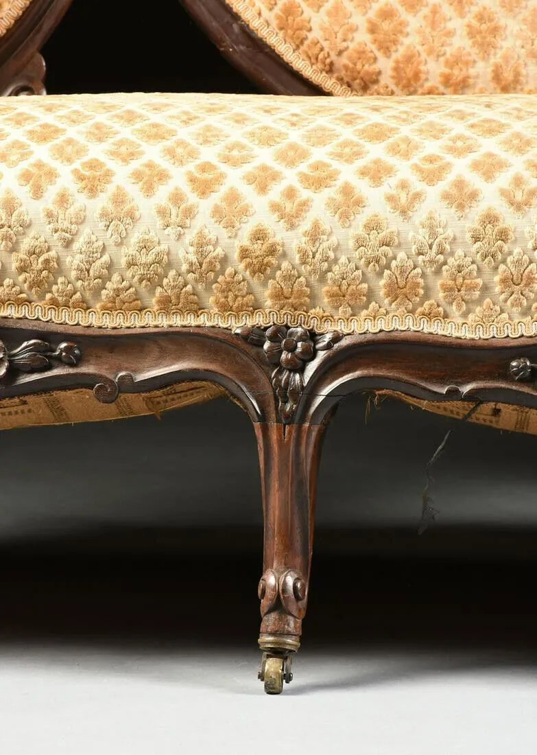 Antique Settee, Louis XV Style Rosewood Settee, Triple Crest, Scrolls, 1840-1870, 19th C.
