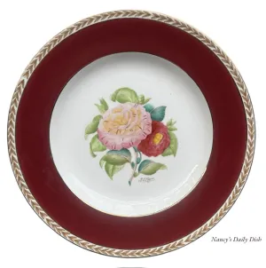 Antique Signed Hand Painted Camelias Botanical TRANSFERWARE Plate English Cottage