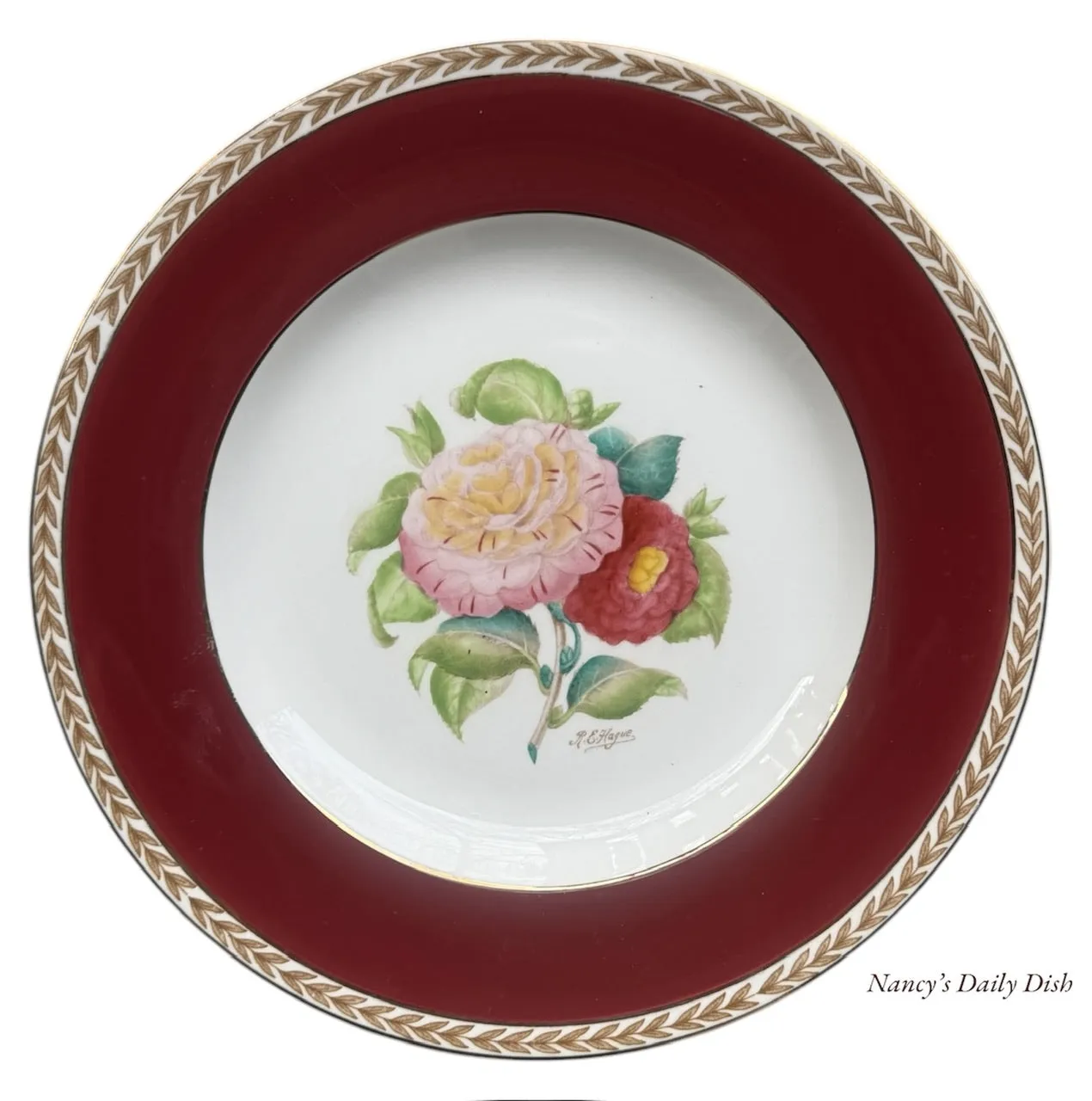 Antique Signed Hand Painted Camelias Botanical TRANSFERWARE Plate English Cottage