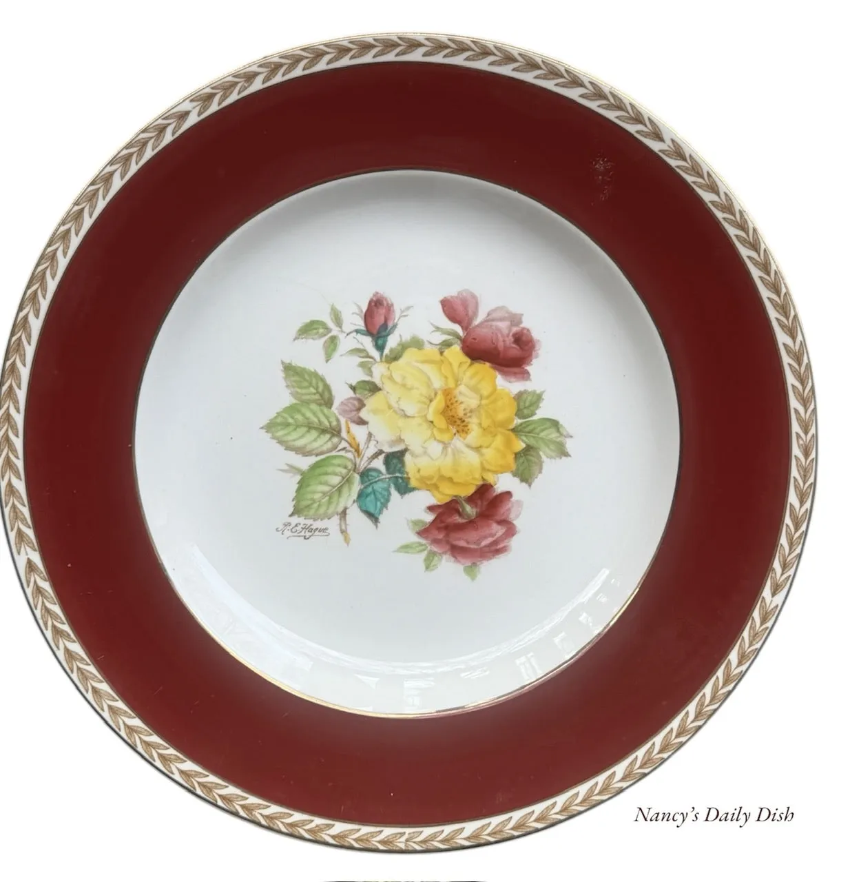 Antique Signed Hand Painted 🌹 Roses Botanical TRANSFERWARE Plate English Cottage