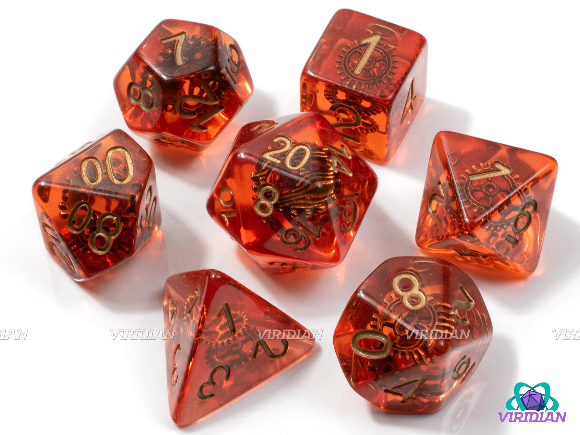 Clockwork Orange | Translucent Red-Orange w Copper Gears, Gold Ink | Resin Dice Set (7)