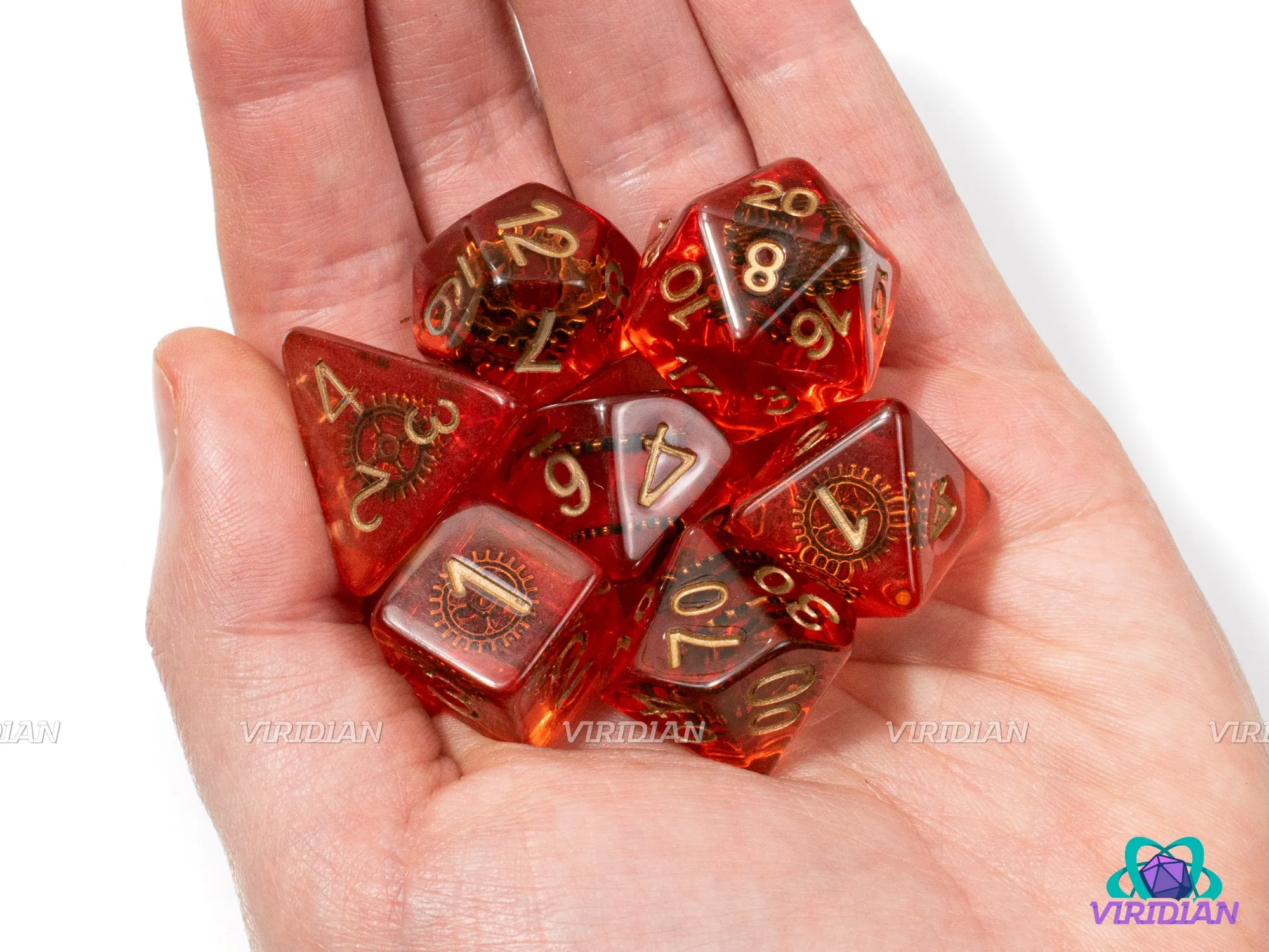 Clockwork Orange | Translucent Red-Orange w Copper Gears, Gold Ink | Resin Dice Set (7)