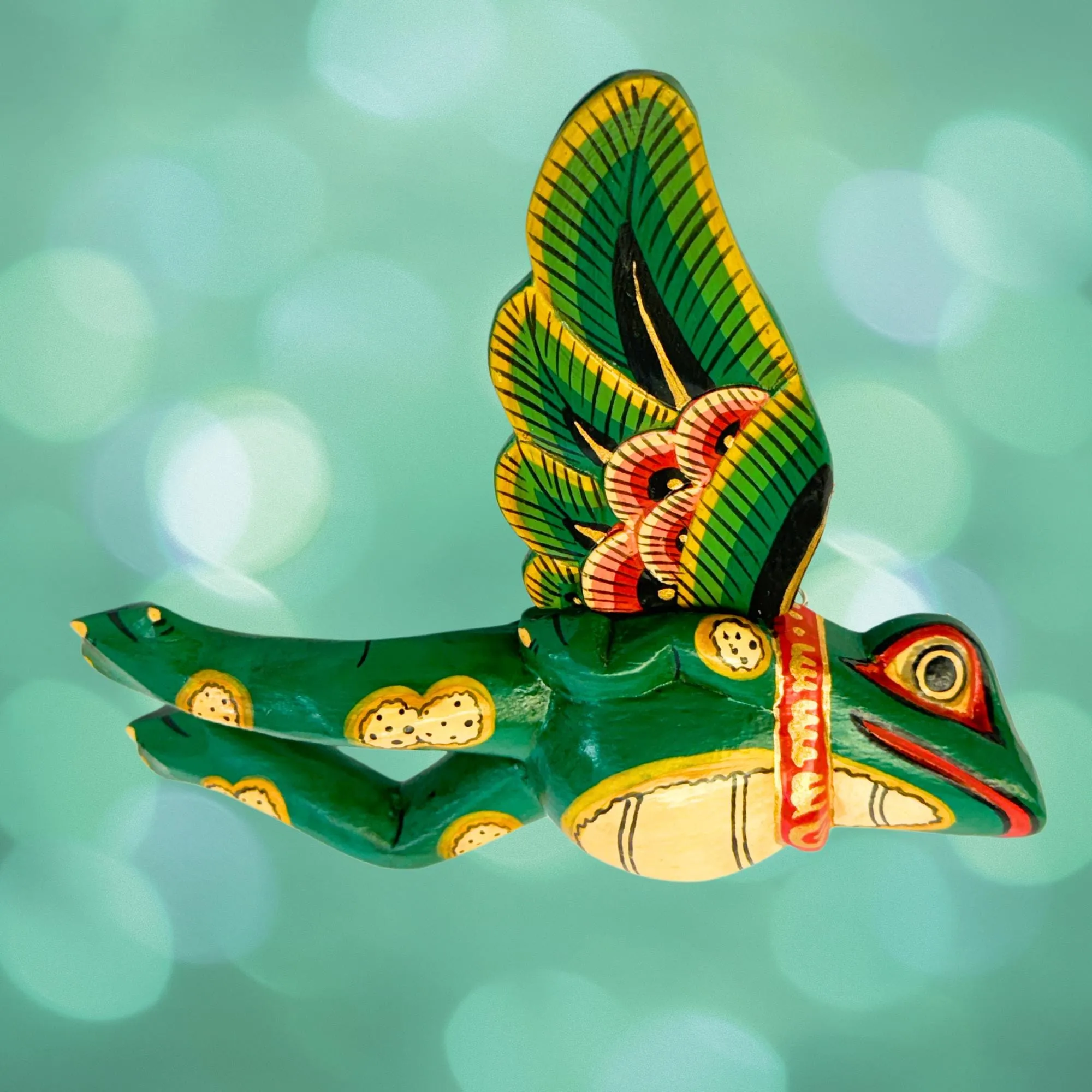 FLYING Frog Mobile Winged Spirit Chaser carved wood Balinese Folk Art green
