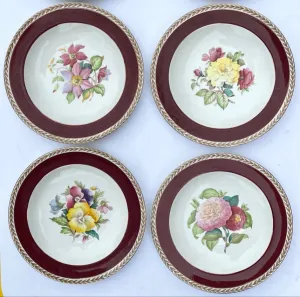 Set 4 Different Antique Hand Painted Botanical Transferware Plates English Cottage