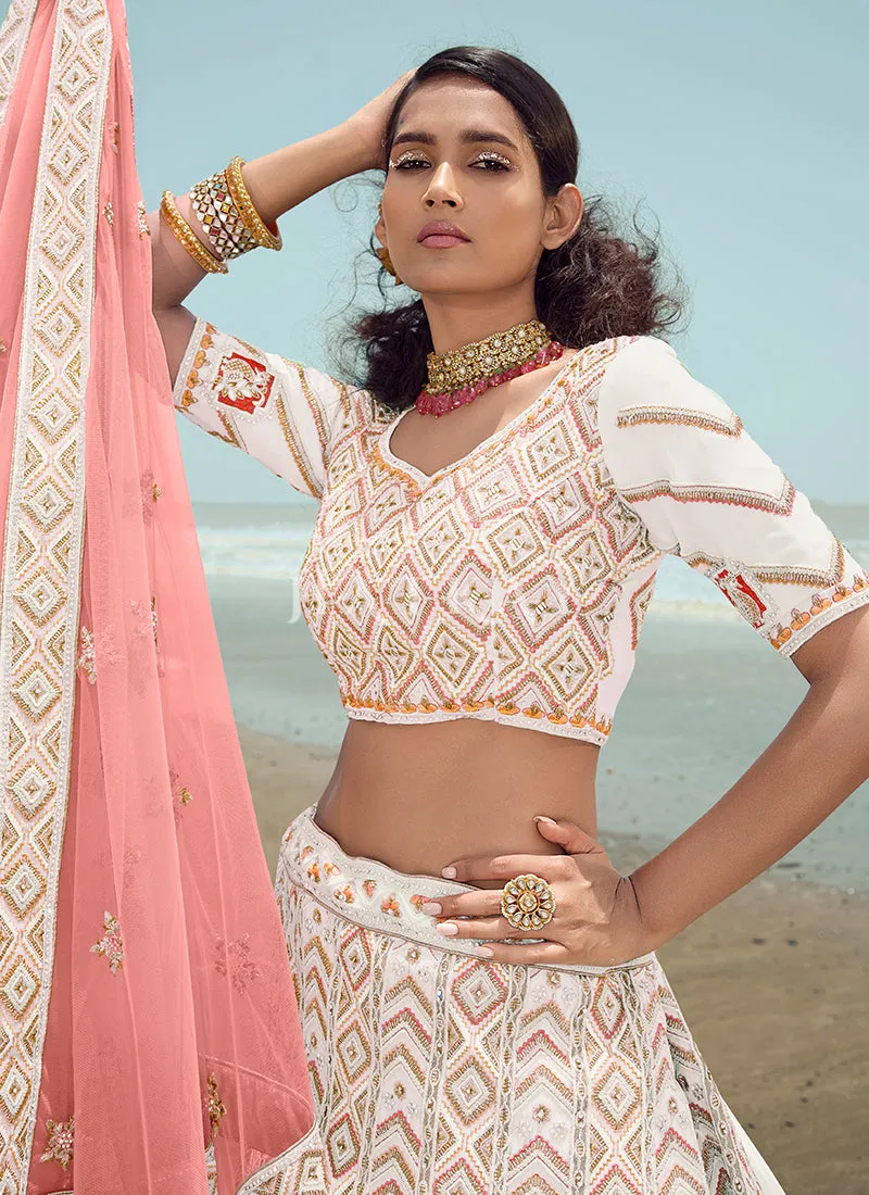 White Multi Zarkan Embroidered Designer Lehenga Choli